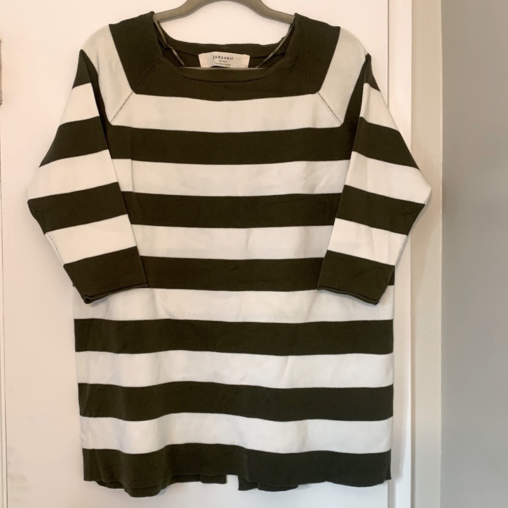 Zara Knit Sweater Striped - Dark Green & White